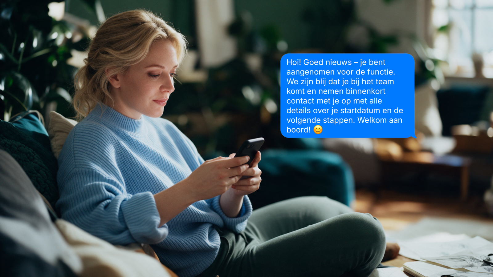 Vrouw ontvangt goed nieuws over haar nieuwe baan via een berichtje